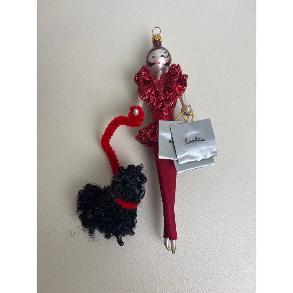De Carlini Neiman Marcus Lady w/ Poodle Glass Ornament Red Outfit Italy Box Tags